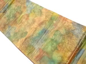 横段に草花模様織出し袋帯